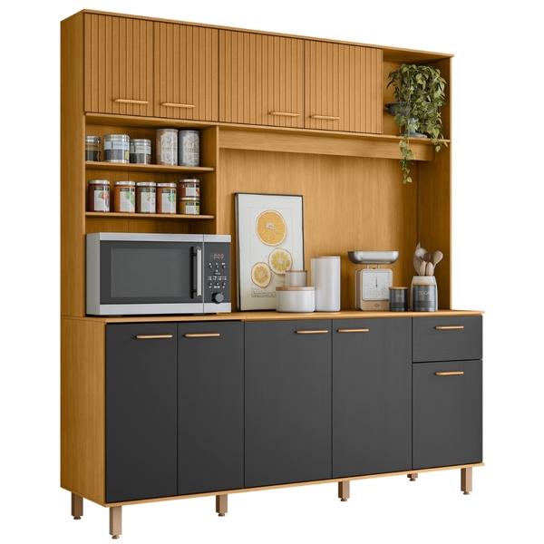 Kit Armário Cozinha Núria 9 Portas Freijó Grafite Poliman