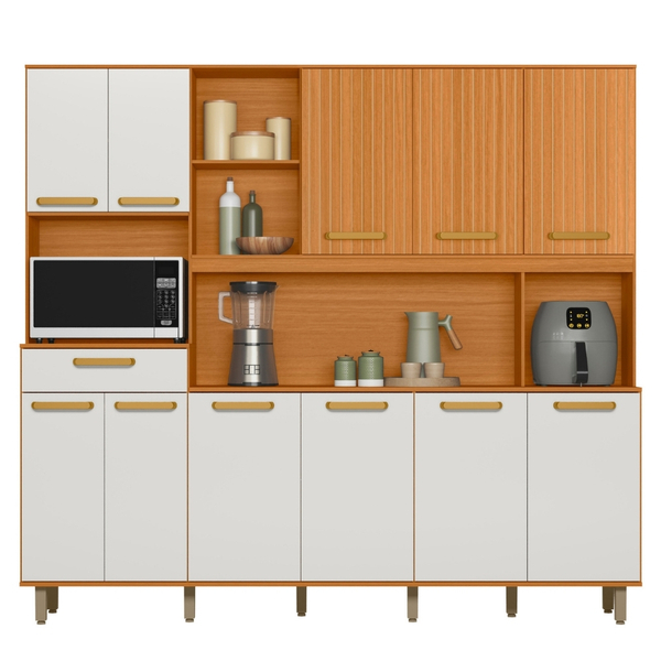 Kit Armário Cozinha Pilar 11 Portas Freijó Off White Rip Fris