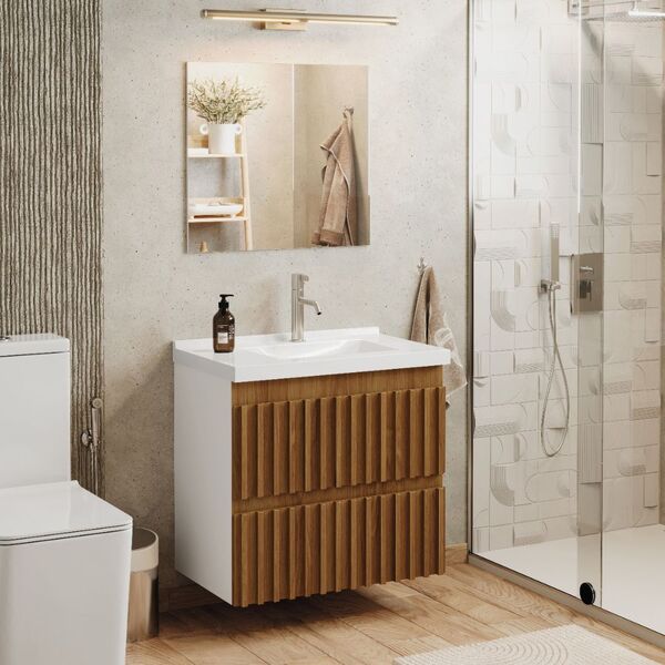 Kit Armário De Banheiro Ripado 66 Cm Freijó C/bancada Sintéti