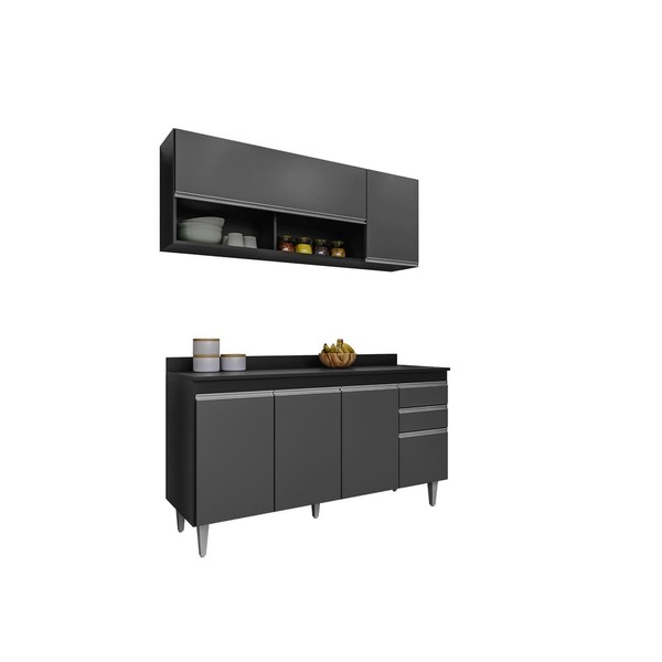 Kit Armário E Balcão 150cm C/ Tampo Preto Com Grafite - Valli