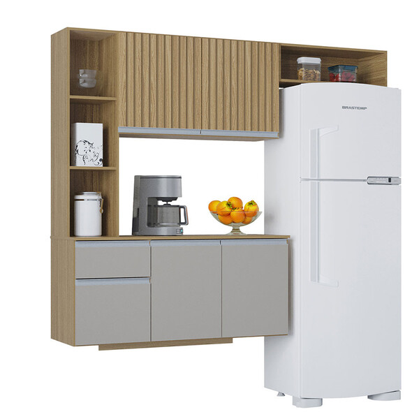 Kit Armário Para Cozinha Suspensa Mel Com Balcão 163cm Poquema