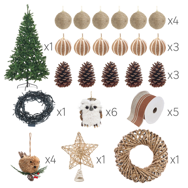 Kit Árvore de Natal 180cm com 74 enfeites e Pisca Pisca 220V Puglia Rústico Natural