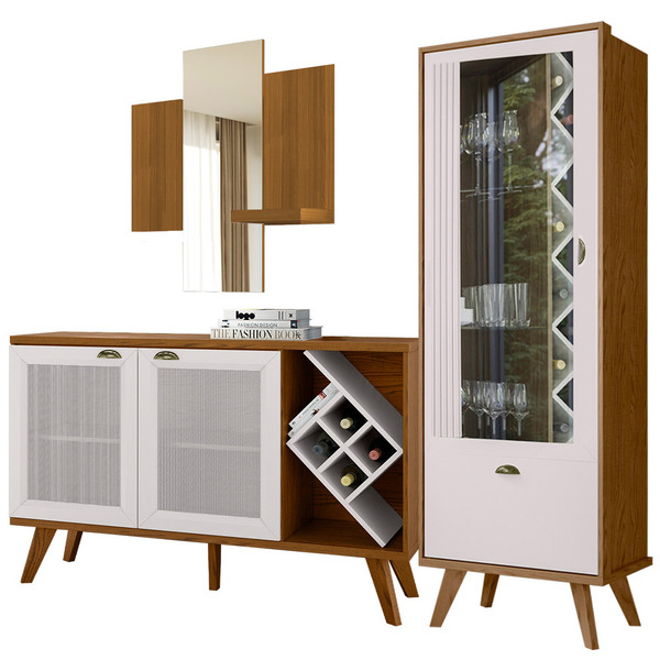 Kit Balcão Buffet Para Sala Cristaleira Nicho Adega E Espelho