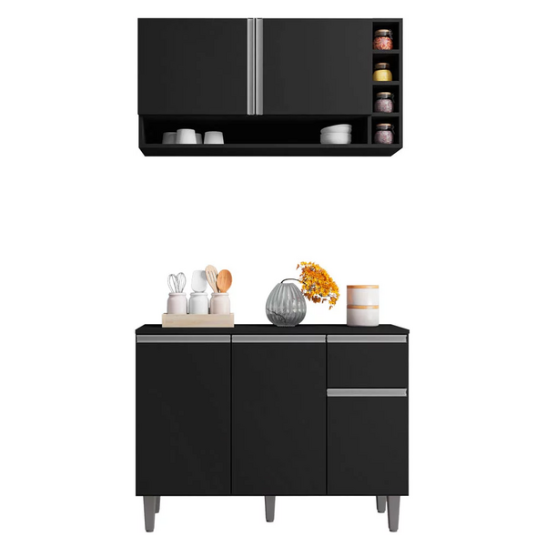 Kit Balcão De Cozinha E Armário Aéreo Elis Preto - Pallazio