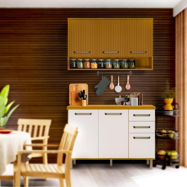 Kit Balcão E Armário Aéreo 120cm Freijó Off Acetinado Freijó