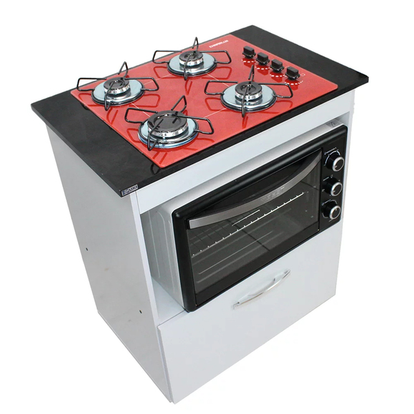 Kit Balcão Salvia Branco Com Cooktop Vermelho 4 Bocas E Forno