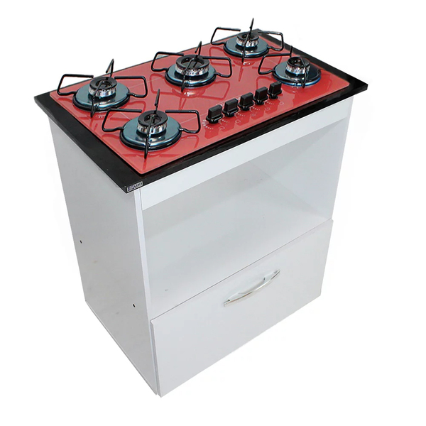 Kit Balcão Salvia Branco Com Cooktop Vermelho 5 Bocas Bivolt
