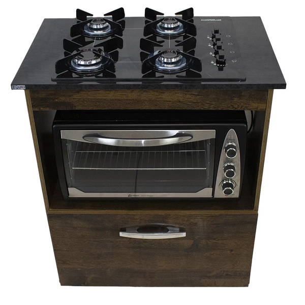 Kit Balcão Salvia Ipê Com Cooktop Preto 4 Bocas E Forno 48 Plus