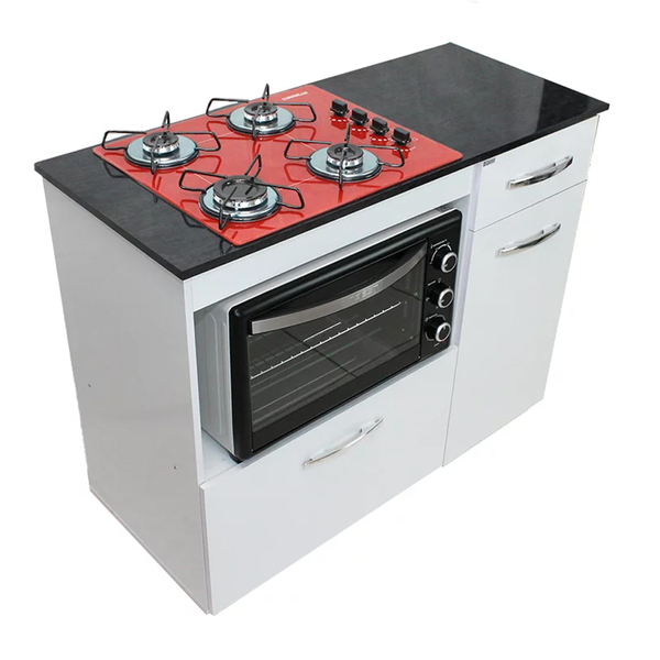 Kit Balcão Violeta Branco Com Cooktop Vermelho 4 Bocas E Forn