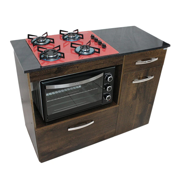 Kit Balcão Violeta Ipê Com Cooktop Vermelho 4 Bocas E Forno E