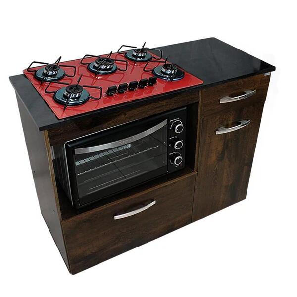 Kit Balcão Violeta Ipê Com Cooktop Vermelho 5 Bocas E Forno E