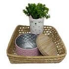 Kit Bandeja De Palha, Vaso Tripé De Gatinho E Lata De Metal