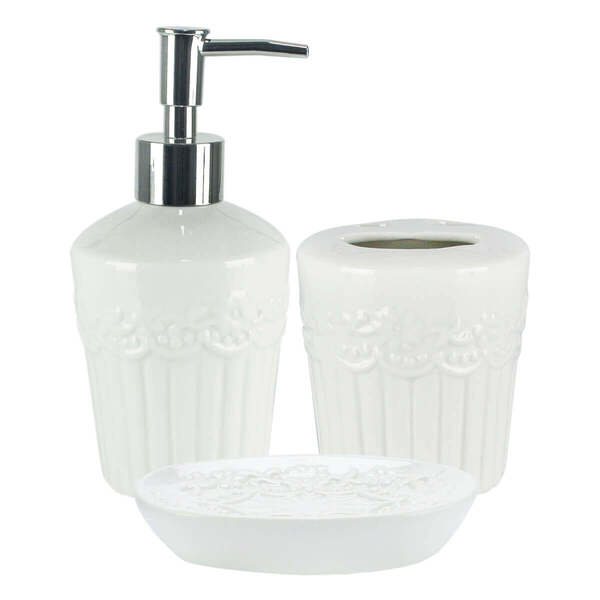 Kit Banheiro 3 Peças Redondo Branco Porcelana Flores Premium