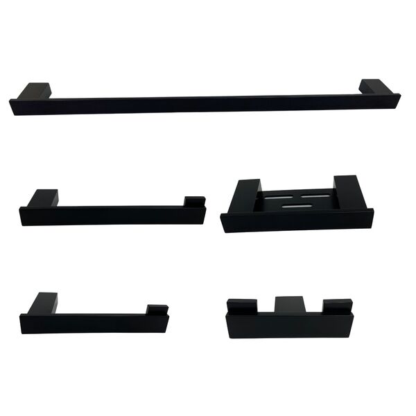 Kit Banheiro Acessórios Preto Aço Inox Luxo 5 Peças Metal Mon