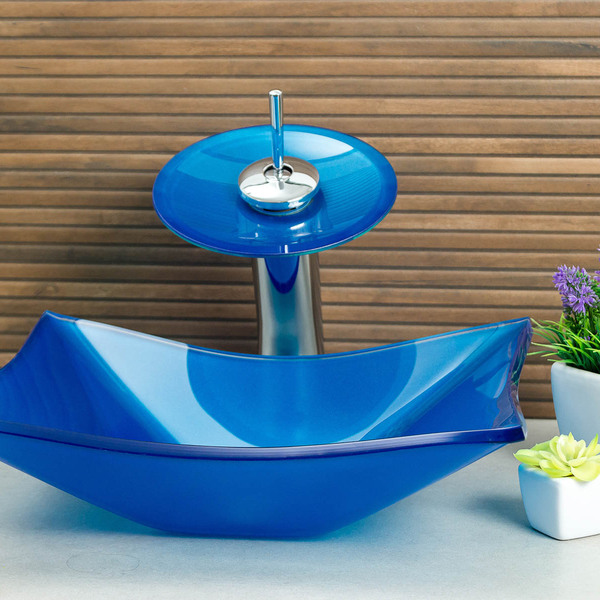 Kit Banheiro Cuba De Vidro Retangular + Torneira Cascata + Vá