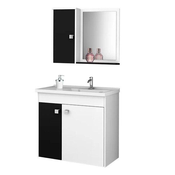 Kit Banheiro Gabinete 56cm Pia E Armário Com Espelho Munique