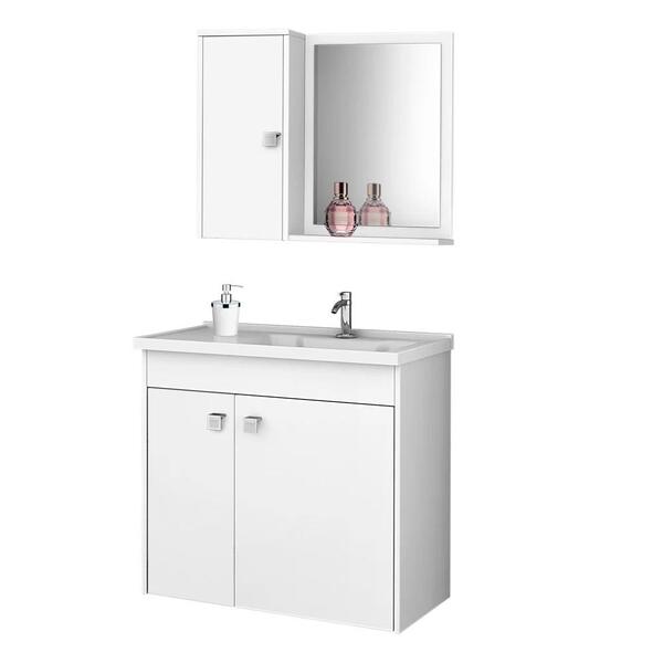 Kit Banheiro Gabinete 56cm Pia E Armário Com Espelho Munique