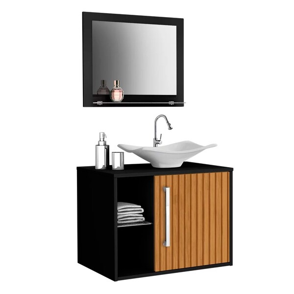 Kit Banheiro Gabinete Suspenso 60cm Com Cuba E Espelho Baden