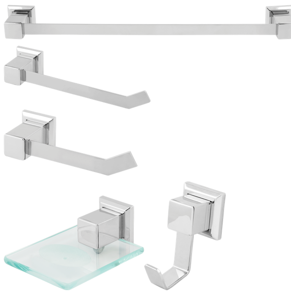 Kit Banheiro Inox Quadrado 5 Peças Porta Toalha Banho Rosto P