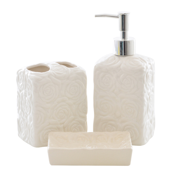 Kit Banheiro Lavabo 3 Peças Relevo Rosas Porcelana