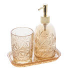 Kit Banheiro Lavabo 3 Peças Vidro Ambar Bico Dourado 4623