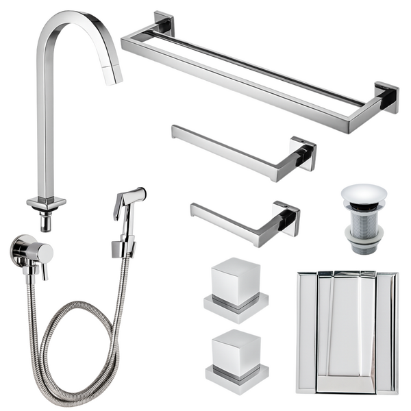 Kit Banheiro Lavabo Cromado Torneira + Vávula Click + Ducha H