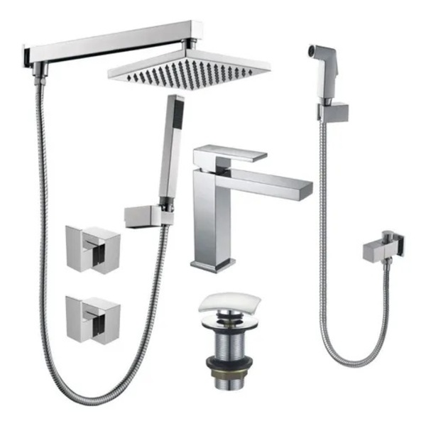 Kit Banheiro Quadrado Cromado Monocomando Bica Baixa Metal