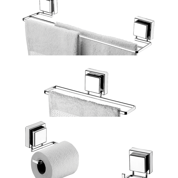 Kit Banheiro Ventosa Cromado 4 Peças Toalha Banho, Rosto, Pap