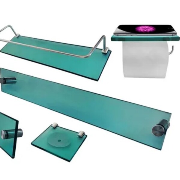 Kit Banheiro Vidro Luxo Reto 5 Peças Verde Mar