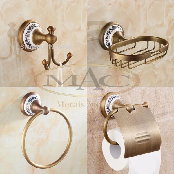 Kit Banheiro Vintage Retrô Bronze Antigo com Porcelana 80314BP