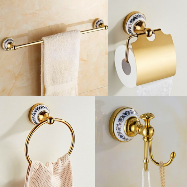 Kit Banheiro Vintage Retrô Dourado C/ Porcelana Lindíssimo