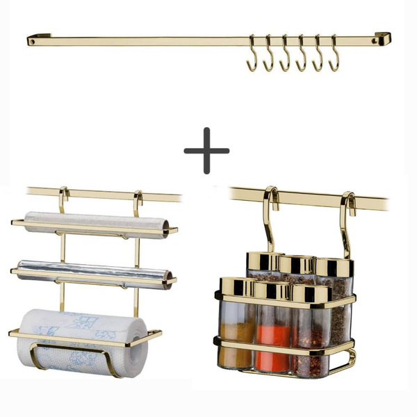 Kit Barra 45cm + Porta Rolos + Porta Tempero Dourado