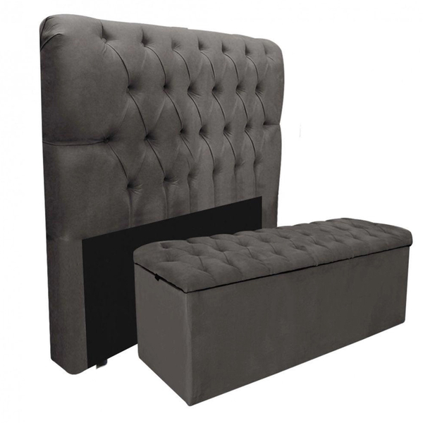 Kit Baú Recamier Mais Cabeceira Madrid Queen Suede Cinza