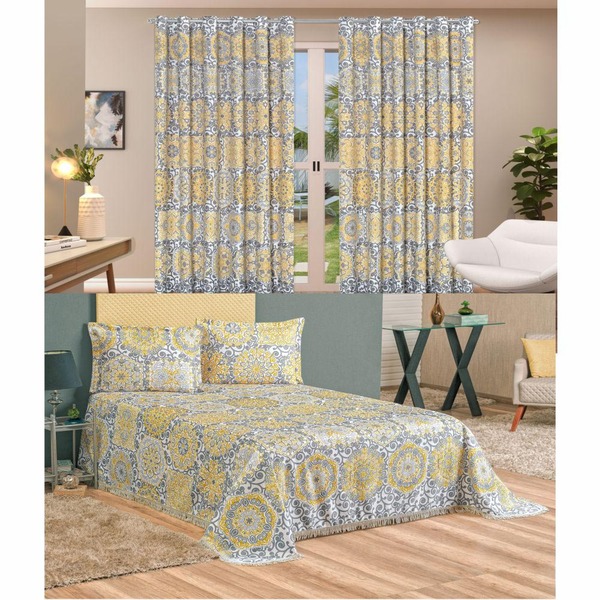 Kit Belline Colcha Casal Queen + Cortina 3 Metros 4 Peças - B