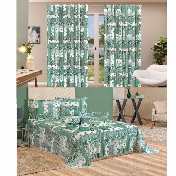 Kit Belline Colcha Queen Com Capas Almofadas + Cortina 3 Mts