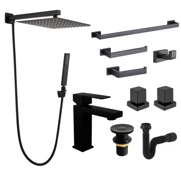 Kit Black Acessórios Lavatório Banheiro Completo Luxo Preto