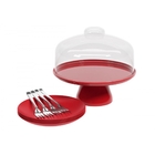 Kit Boleira + 4 Pratos + 4 Garfos-vermelho