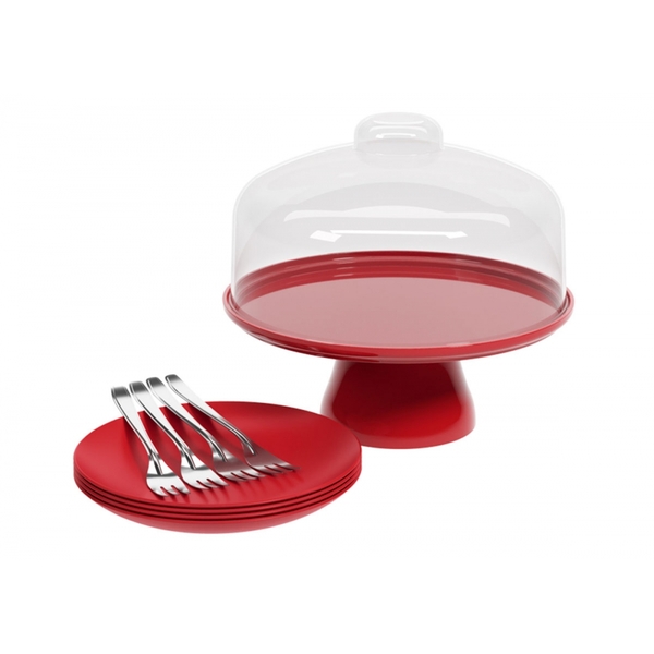 Kit Boleira + 4 Pratos + 4 Garfos-vermelho