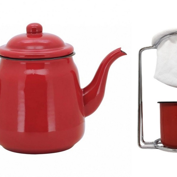 Kit Bule Esmaltado Vermelho E Mini Coador Café Aço Cromado Co