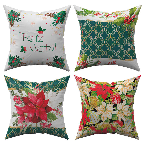 Kit C/ 4 Capas De Almofadas Natalinas Floral Feliz Natal Fim