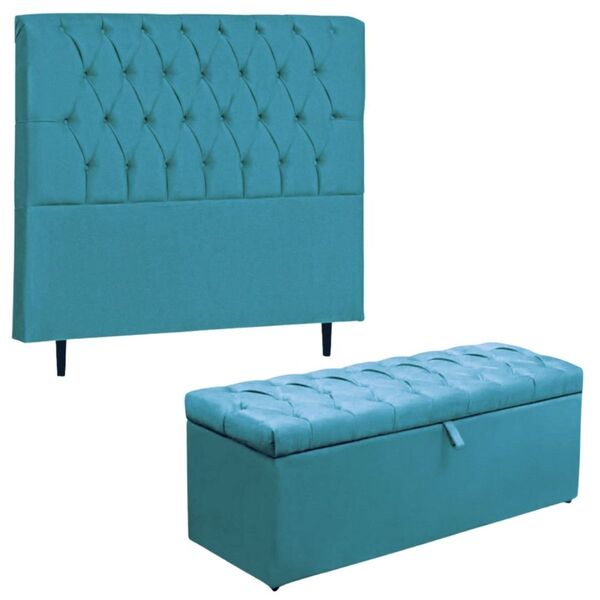 Kit Cabeceira Calçadeira Baú 140cm Paris Suede Azul Turquesa