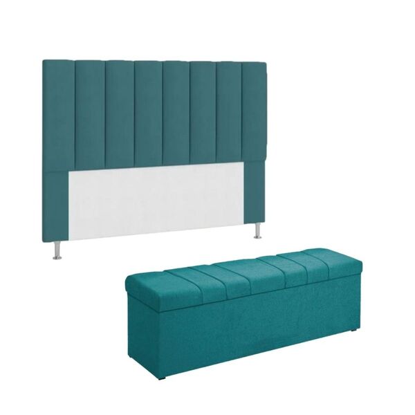 Kit Cabeceira Calçadeira Baú 90 Cm Carla Suede Azul Turquesa