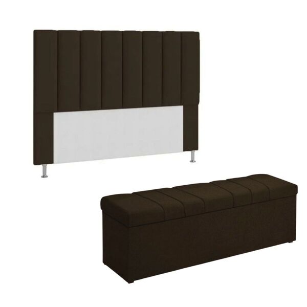 Kit Cabeceira Calçadeira Baú Casal 140 Cm Carla Suede Marrom