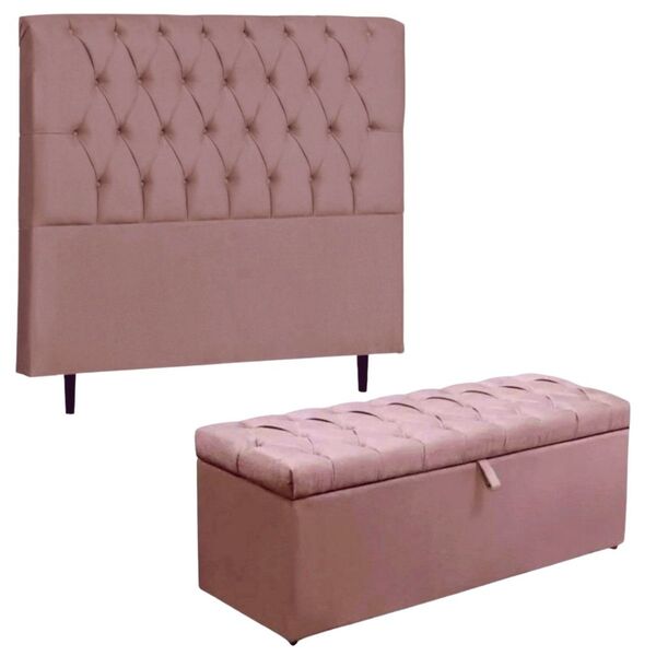 Kit Cabeceira Calçadeira Baú Solteiro 90 Cm Paris Suede Rose