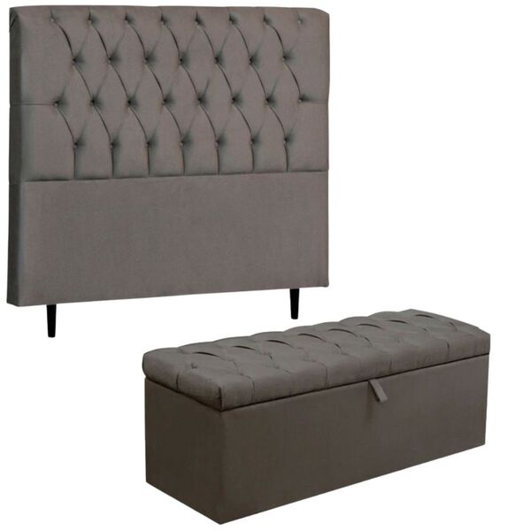 Kit Cabeceira Calçadeira Baú Solteiro 90cm Paris Suede Cinza