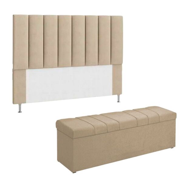 Kit Cabeceira Cama Box Calçadeira Baú 195cm Carla Suede Bege