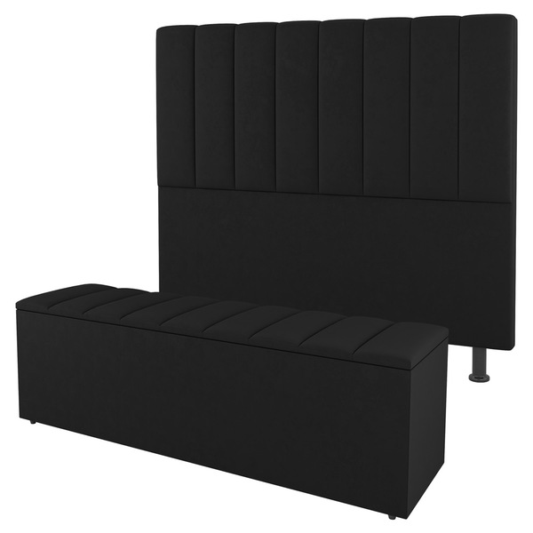 Kit Cabeceira E Baú Cama Box Casal Cora 140cm Suede Preto - D