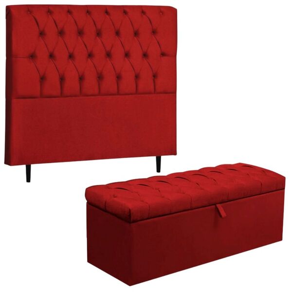 Kit Cabeceira E Calçadeira Baú 90 Cm Paris Suede Vermelho