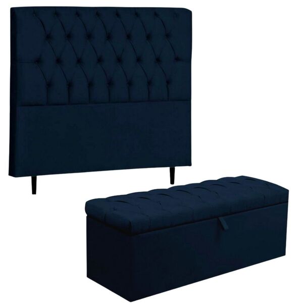 Kit Cabeceira E Calçadeira Baú 90cm Paris Suede Azul Marinho