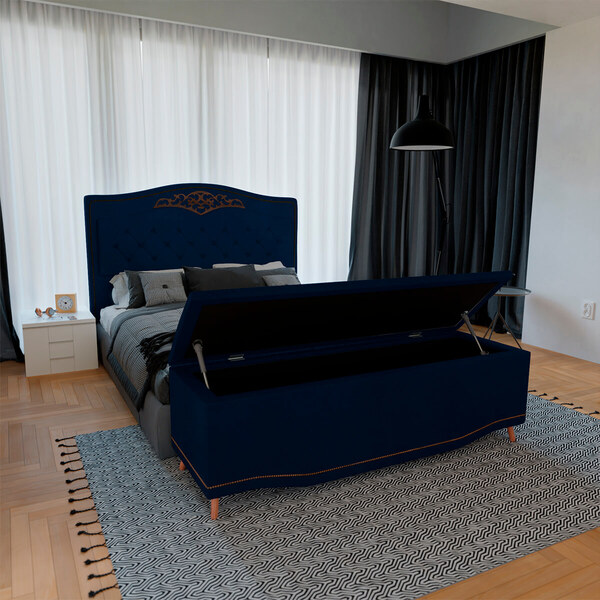 Kit Cabeceira E Calçadeira Báu Estofada Kate Casal 140 Cm Par